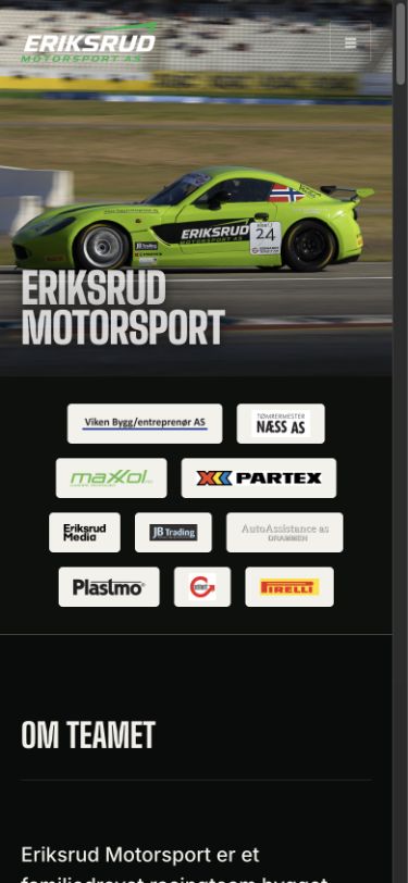 Forhåndsvisning av Eriksrud Motorsport-nettsiden på mobil